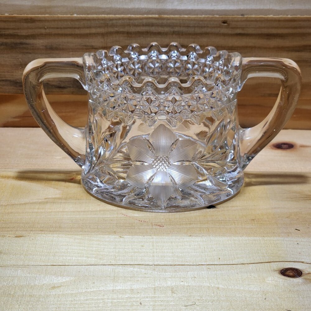 Vintage Jenkins Dahlia Clear Cut Glass Sugar Bowl Starburst Handles